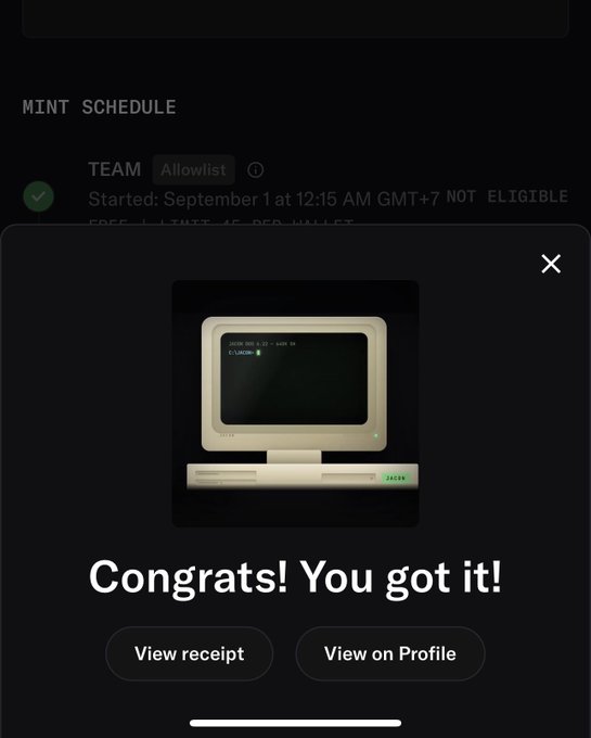 A confirmation screen reading "Congrats! You got it!" appears over a "MINT SCHEDULE" for the TEAM Allowlist, which started September 1 at 12:15 AM GMT+7 and marks the user as NOT ELIGIBLE for the Free Mint, contradicting the celebratory message shown in the popup.