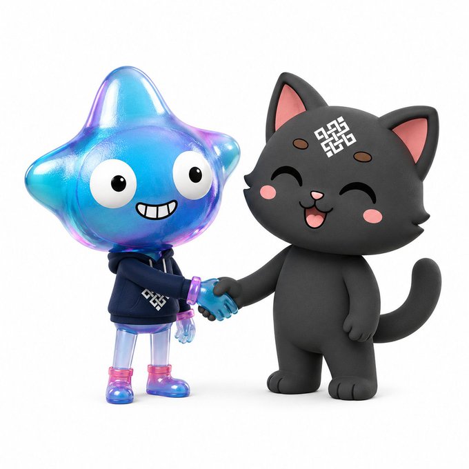 A blue iridescent star character wearing a dark hoodie with a QR code design shakes hands with a smiling black cat character featuring a white QR code symbol on its forehead.