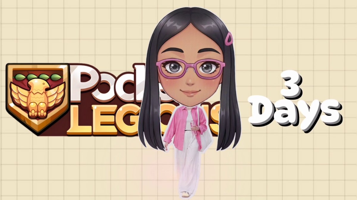 The image features a cartoon girl with long black hair wearing glasses, standing against a light beige background. The girl appears to be dressed for school or work, possibly as a student or teacher. In front of her are three words written in white text that read "Pocket Legends". These words appear to be related to the game she is playing, suggesting it could be an advertisement or promotional material for Pocket Legends.