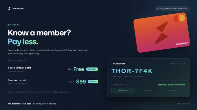 This image is a promotional graphic for THORWallet's referral program, featuring a red virtual card with the THORWallet logo. It highlights the benefits of using an invite code: the Basic virtual card is free (instead of $5), and the Premium card drops from $124 to $99, with payment in USDC and no subscription required. The display shows a sample invite code "THOR-7F4K" with three code slots (CODE 01, CODE 02, CODE 03) available for sharing with friends.