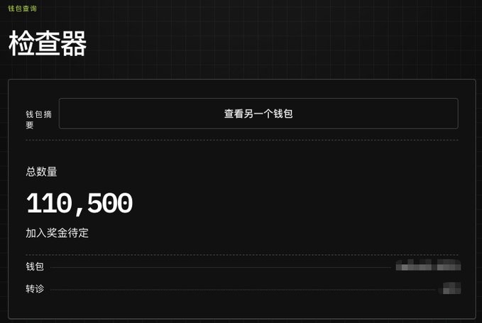 A Chinese-language '钱包查询' (Wallet Inspector/Checker) interface showing a total quantity of 110,500 with '加入奖金待定' (bonus pending), containing blurred wallet details.
