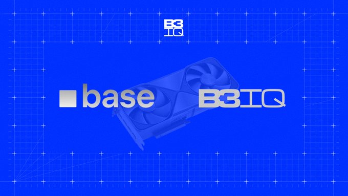 A blue promotional graphic for the Coinbase 'base' blockchain network and the B3IQ project, featuring a stylized graphics card in the background with grid and blueprint-style design elements.