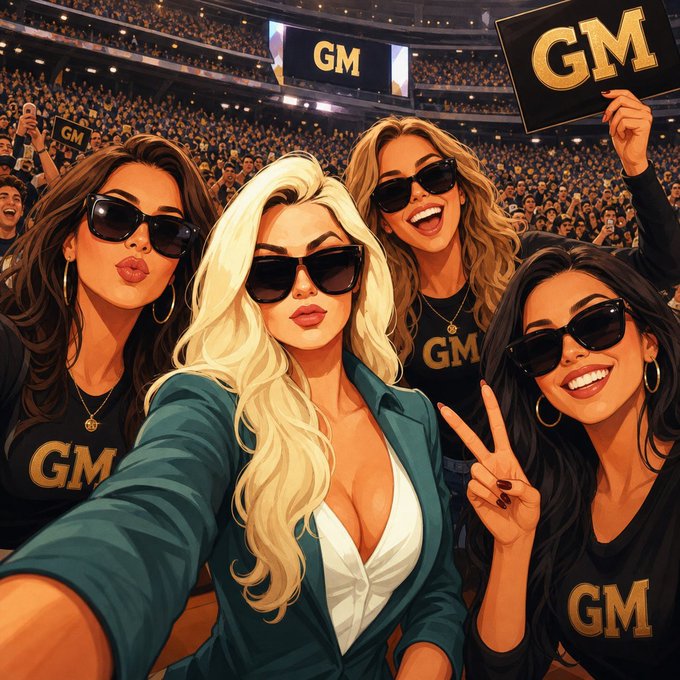An illustrated scene shows four women wearing sunglasses and 'GM' shirts taking a selfie at a stadium, with others in the crowd holding 'GM' signs.