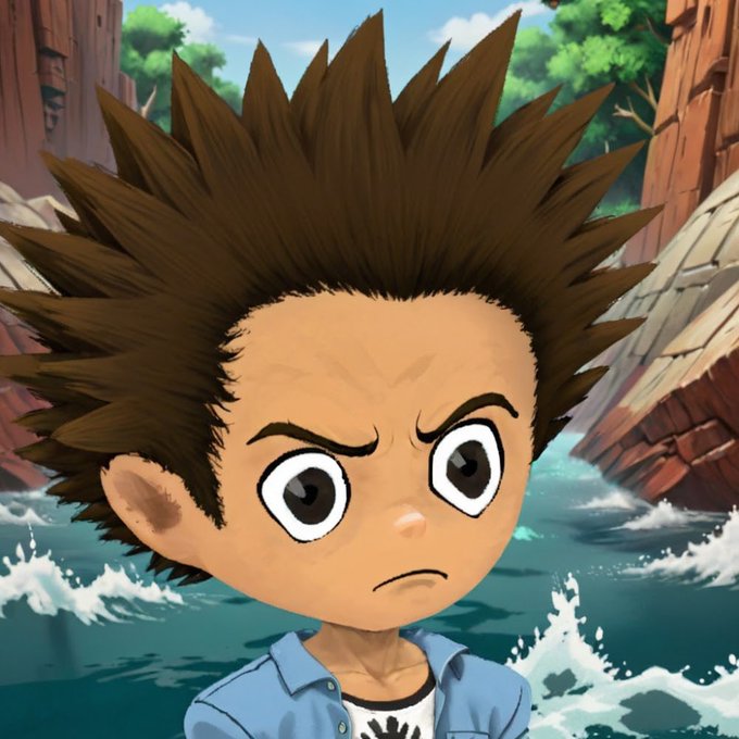 An animated illustration of a young boy with spiky brown hair, wearing a blue shirt, looking determined against a backdrop of ocean waves and rocky cliffs.