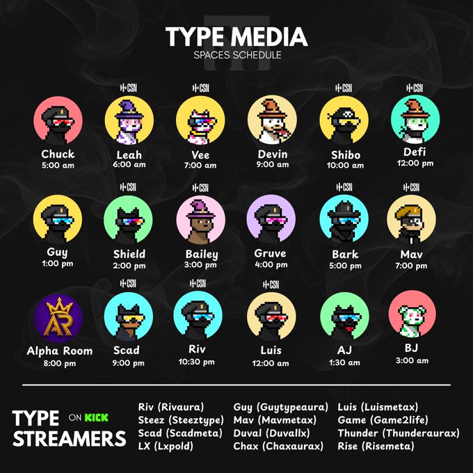 A 'TYPE MEDIA SPACES SCHEDULE' graphic displays pixel art avatars of streamers (including Chuck, Leah, Vee, Devin, Shibo, Defi, Guy, Shield, Bailey, Gruve, Bark, Mav, Alpha Room, Scad, Riv, Luis, AJ, BJ) along with their scheduled times and 'TYPE ON KICK' branding.