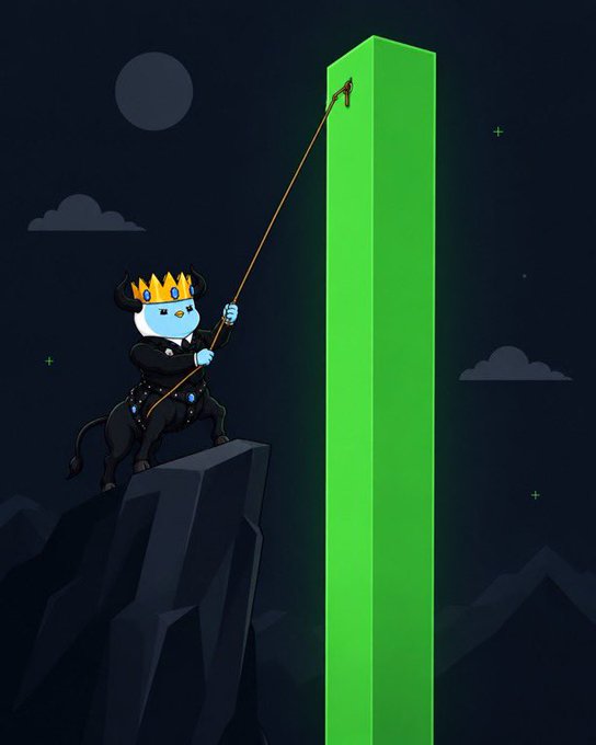 A cartoon bull wearing a crown uses a grappling hook and rope to scale a massive green candlestick against a night sky, symbolizing an ambitious market climb or rally in anticipation of upward price movement—fitting the "Ready?" prompt as preparation for a bullish breakout.