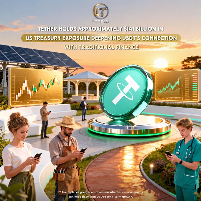 The graphic, branded "LT Team," advertises that Tether (USDT) holds approximately $141 billion in US Treasury exposure, highlighting how the stablecoin's deepening ties to traditional finance are reflected through imagery of diverse professionals and financial charts surrounding a large USDT coin. The accompanying caption also notes ~$8.23B in excess reserves, framing transparency, liquidity, and reserve quality as key drivers of USDT's long-term trust.