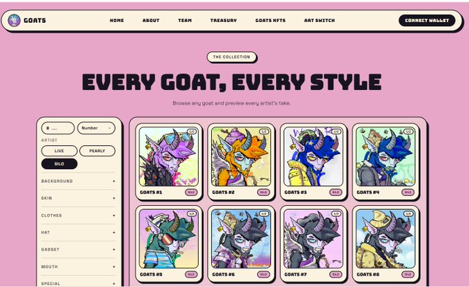 A pink-themed website titled "GOATS" with the tagline "EVERY GOAT, EVERY STYLE" displays a gallery of 8 colorful goat character NFT cards labeled "GOATS #1" through "GOATS #8", with filtering options for ARTIST (LIVE, PEARLY, SILO).