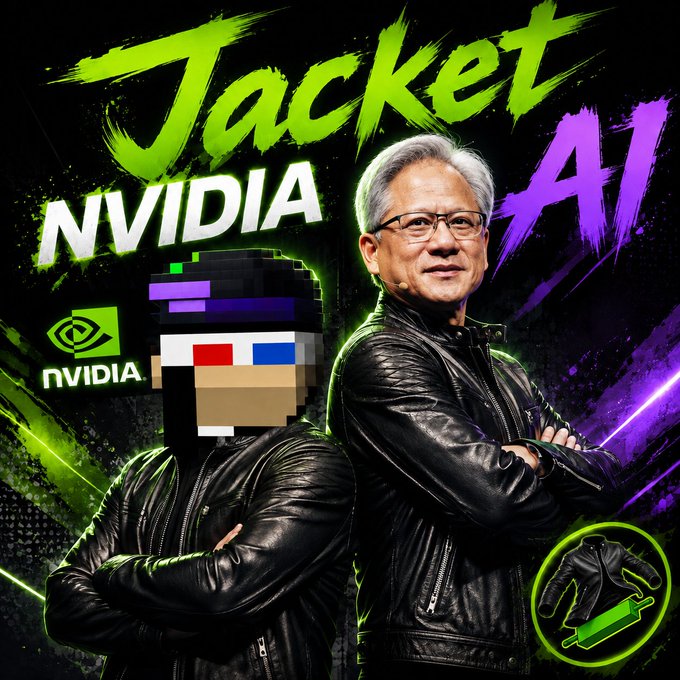 Promotional graphic reading 'Jacket NVIDIA AI' featuring Jensen Huang (NVIDIA CEO) and a pixelated character wearing a black leather jacket, with the NVIDIA logo and a small jacket icon.