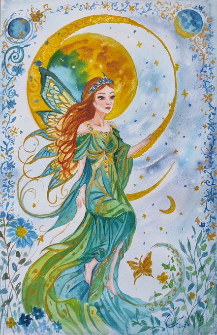 A watercolor painting of a celestial fairy-like figure with butterfly wings, standing before a large golden crescent moon, her flowing green and teal gown blending with floral elements and a small butterfly at her feet. The whimsical, ethereal artwork visually embodies the accompanying post's description of an angel bridging earth and the heavens, rendered as a one-of-one physical watercolor piece listed on Transient.