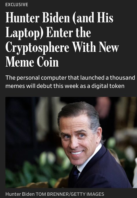 A news article headline reading 'Hunter Biden (and His Laptop) Enter the Cryptosphere With New Meme Coin' with a subheading 'The personal computer that launched a thousand memes will debut this week as a digital token,' featuring a photo of Hunter Biden smiling in a dark suit.