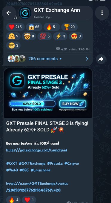 Telegram post from GXT Exchange announcing 'GXT PRESALE FINAL STAGE 3 - Already 62%+ Sold' with a promotional banner showing a rocket launch and a link to gxtexchange.com/launchpad.