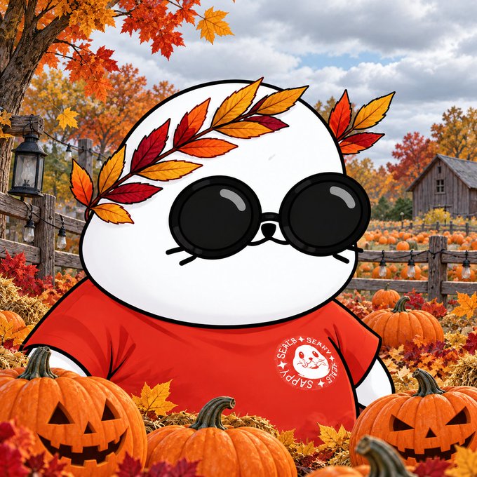 A cartoon white character wearing dark round sunglasses and a red shirt with a logo sits among carved jack-o'-lanterns and autumn leaves, with a barn and fall foliage in the background.