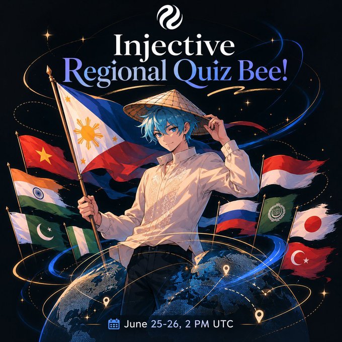 The image features a man holding a flag, with a banner that reads "Injective Regional Quiz Bee!". The man appears to be wearing traditional clothing from different countries, suggesting he might be representing various regions or cultures. The background of the image is black and filled with stars, giving it an artistic and visually appealing appearance. The text in the image includes mentions of prizes for the top three teams (regional pools) and a global elimination round (Global Finals).