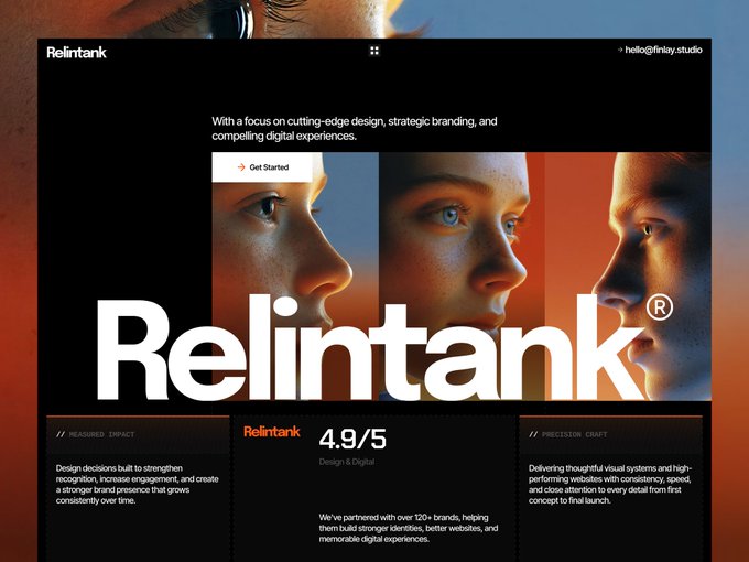 A website screenshot for 'Relintank,' a design and digital studio with the tagline 'With a focus on cutting-edge design, strategic branding, and compelling digital experiences,' featuring three profile photos and a 'Get Started' button.
