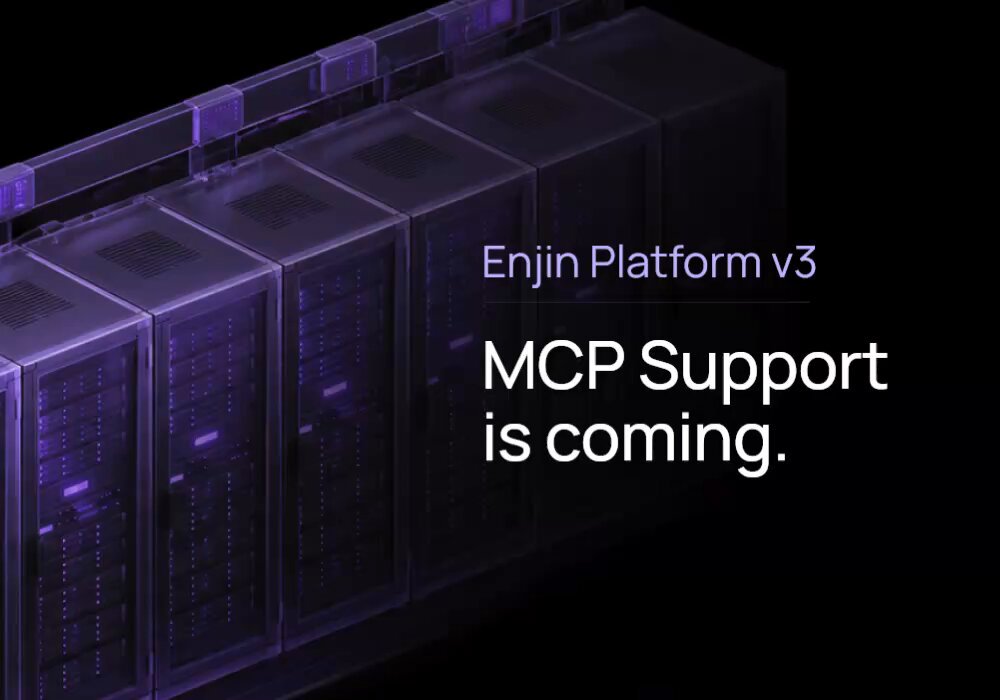 The image shows a row of servers with purple exteriors, likely part of an Enjin Platform v3 server farm. The text "MCP Support is coming" is displayed above the servers, indicating that the support for MCP is about to become available. This implies that the servers are ready and waiting to be used by agents who will need wallets and run operations on Web3.