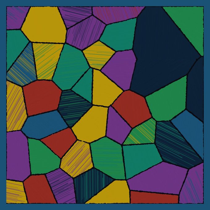 An abstract geometric artwork featuring irregular polygonal cells filled with solid colors (yellow, purple, red, green, blue, navy) and crosshatched patterns, separated by black lines and bordered in blue.