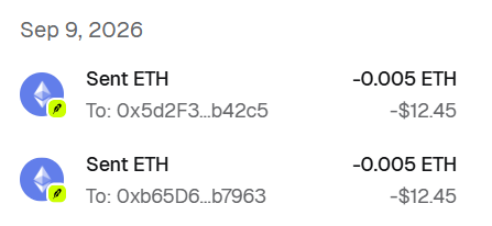 A transaction history from Sep 9, 2026 shows two "Sent ETH" transactions of -0.005 ETH (~$12.45 each), sent to addresses 0x5d2F3...b42c5 and 0xb65D6...b7963. This illustrates the confusion described in the post, where sending ETH to changing deposit addresses on the Robinhood Network resulted in multiple transfers without a clear resolution.