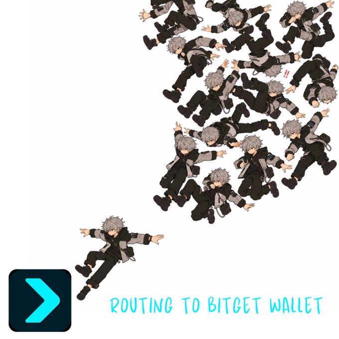An anime-style illustration depicts multiple characters with gray hair in black outfits tumbling together, with one character separate at the bottom and text reading 'ROUTING TO BITGET WALLET' next to a teal arrow logo.