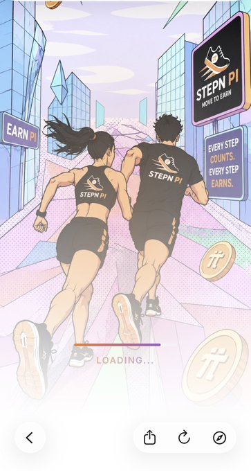 A loading screen for the StepN mobile app depicting an animated couple running in branded athletic wear, with Pi cryptocurrency coins floating around and signs reading 'STEPN: MOVE TO EARN' and 'EVERY STEP COUNTS, EVERY STEP EARNS.'