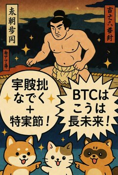 A Japanese-style illustrated graphic featuring a sumo wrestler with the text "来朝歩固" and "古えへの郷愁". Speech bubbles from dogs and a cat contain the Japanese text "宇跋朏なでぐ＋特楽節!" and "BTCはこうは長未来!", promoting Bitcoin (BTC).