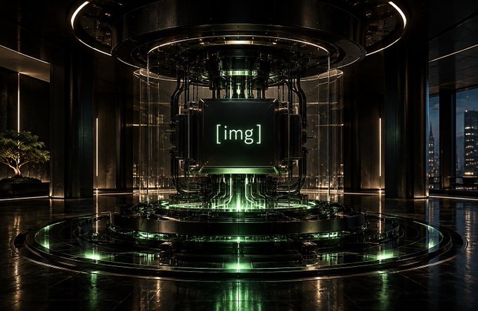 A dark sci-fi chamber featuring a central mechanical core displaying the placeholder text '[img]' in green, surrounded by circular glowing platforms and a cityscape visible through windows.