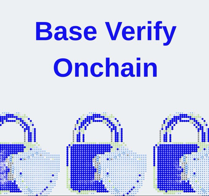 A graphic with the text "Base Verify Onchain" in blue above three pixelated lock icons in shades of blue and white.