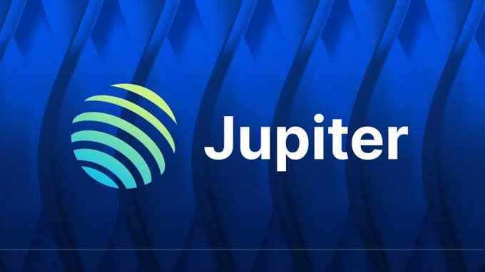 A blue branded graphic displaying a green and teal globe-like logo next to the word 'Jupiter' against a wavy blue background.