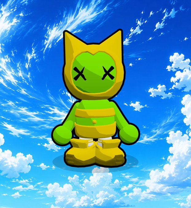 A colorful digital illustration of a green cartoon character with a yellow hood featuring cat-like ears, wearing yellow boots and shorts, with X-marked eyes, set against a bright blue sky with white clouds.