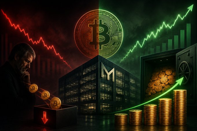 A digital artwork depicting cryptocurrency trading concepts, with a distressed man and falling Bitcoin coins on the left, and an upward green chart with stacked gold coins on the right, set against a backdrop of a building and the letter "M".