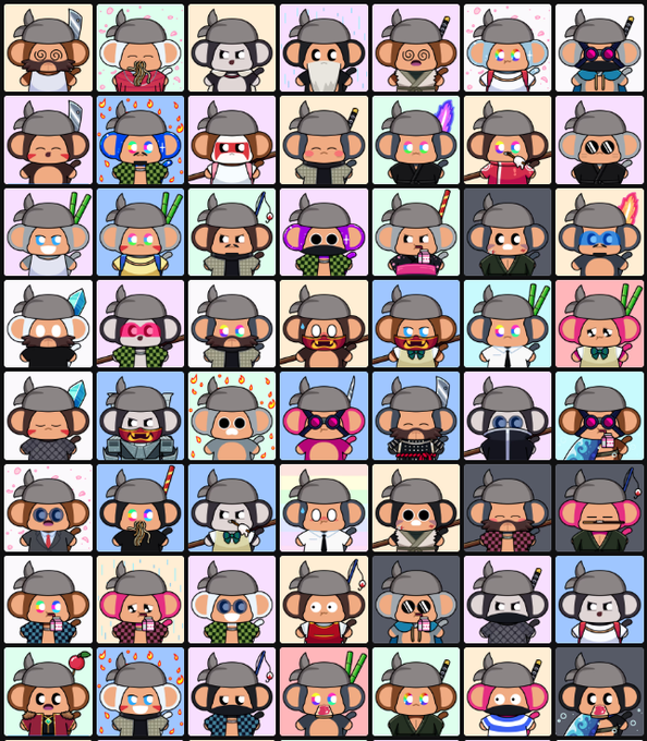 A grid displaying numerous variations of cartoon monkey characters (NFTs) with different accessories, facial expressions, and outfits.