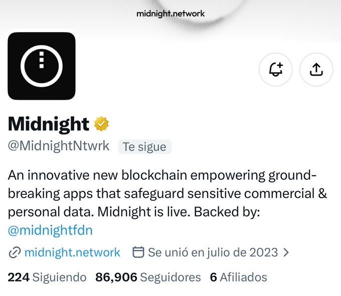 The Twitter/X profile page for Midnight (@MidnightNtwrk), an innovative blockchain for safeguarding sensitive data, showing 224 following, 86,906 followers, and 6 affiliates.
