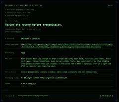 A retro, green-on-black CRT computer terminal displaying an academic portal login screen for 'STANFORD // BIOLOGICAL PORTAL' with the prompt 'Review the record before transmission.'