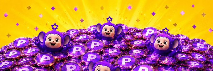 A 3D illustration featuring several purple monkey mascots emerging from a massive pile of glossy purple coins, each stamped with the letter 'P', set against a bright yellow background with confetti.