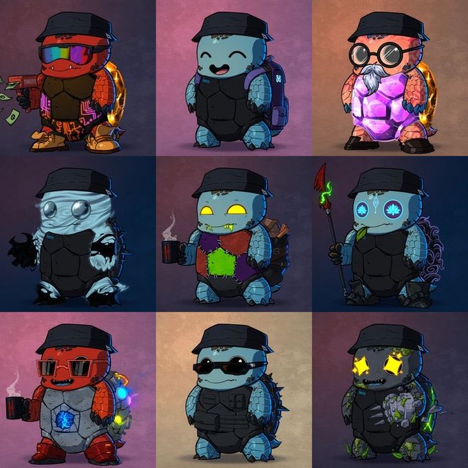 A 3x3 grid displaying nine cartoon-style character variations of turtles with different accessories, colors, and abilities, including glasses, a hat, and glowing eyes.