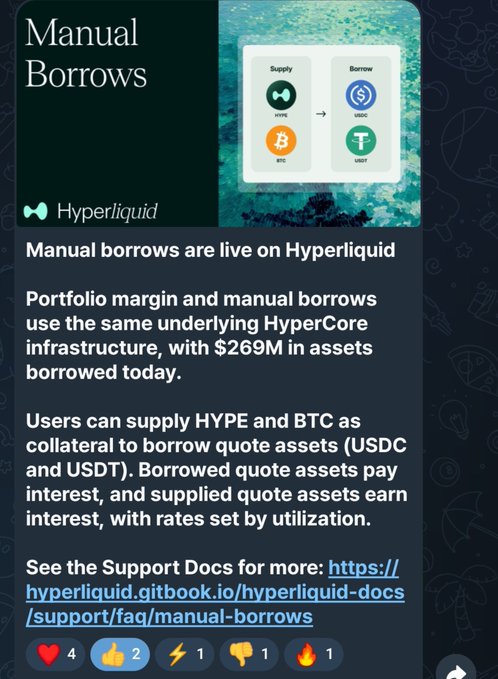 An announcement post about 'Manual Borrows' on 'Hyperliquid', explaining that users can supply HYPE and BTC as collateral to borrow USDC and USDT, with $269M in assets borrowed today and a link to Hyperliquid-docs support.
