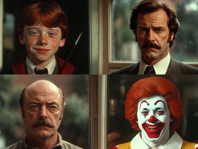 A four-panel AI-generated image showing characters in a Ronald McDonald/Pennywise style, including a freckled redhead boy, a mustached man, a bald man, and a clown with red hair.