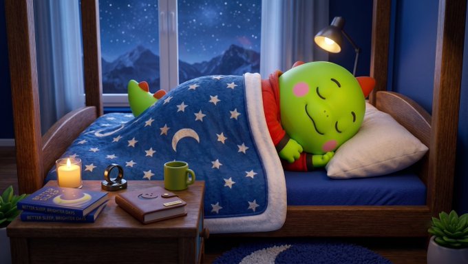 A 3D-rendered illustration of a green, cactus-like character with rosy cheeks sleeping peacefully in a wooden bed under a starry blanket, with a bedside table holding books, a candle, a mug, and a phone.