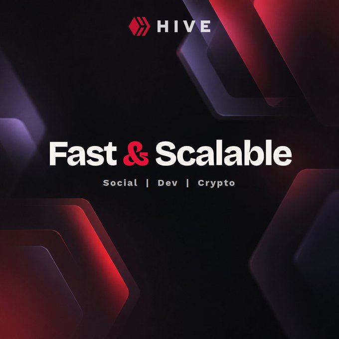 A dark promotional graphic displays the 'HIVE' logo with the tagline 'Fast & Scalable' and 'Social | Dev | Crypto' services in red and white text.