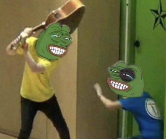 A meme featuring two Pepe the Frog characters, one wearing a yellow shirt and swinging a copper-colored pan while the other in a blue shirt laughs nervously.