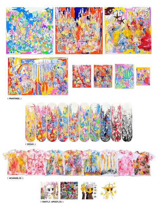 A vibrant collection of expressive artworks themed around divine energies, showcasing 8 paintings, 10 skateboard decks, 8 wearable t-shirts, and 3 raffle apostle pieces—each adorned with colorful, chaotic, and emotive imagery including stars, angelic figures, and abstract spiritual motifs. The bold, dripping paint style ties all the mediums together, visually translating the energetic and emotional themes described in the post.