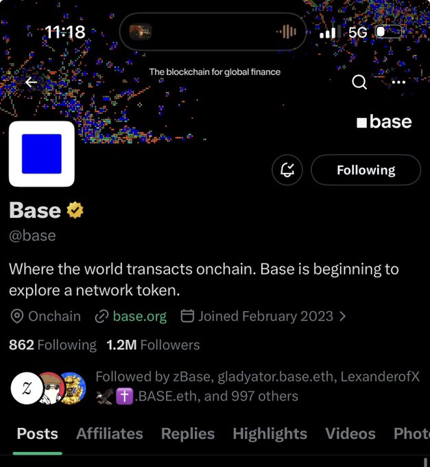 The image shows a social media post from a user named @base with a caption that reads "Breaking news: @base updated its official account's bio. Added: Beginning to explore a network token! Network token, meaning 1 base could be worth like 1 bnb, around 600 dollars tomorrow." The post is about the company Base and it seems to be related to their social media account or followers.