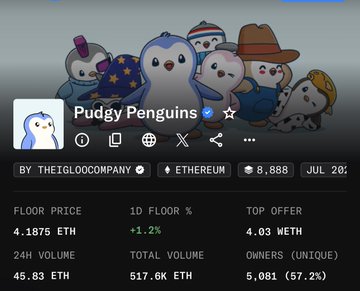 Screenshot of the Pudgy Penguins NFT collection on OpenSea, showing BY THEIGLOOCOMPANY, Ethereum blockchain, floor price of 4.1875 ETH (+1.2%), top offer of 4.03 WETH, and 8,888 total items.