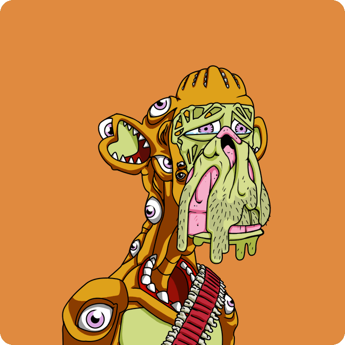 The image features a cartoon character with a face painted green, wearing a helmet that has googly eyes and a gun strapped across its chest. The character appears to be a mutant or a robot, possibly from the video game "Mutant #6028". The character is depicted in an orange background, which contrasts with the greenish-yellow color of their face and body. The image also includes text that reads: "Mutant #6028 Bought for 1.44 ETH niiftytitty.eth 0xd75a...354d etherscan.io/tx/0xc07ccd6e3 ... Return to Monke: opensea.io/collection/mut ... mutants are insane".
