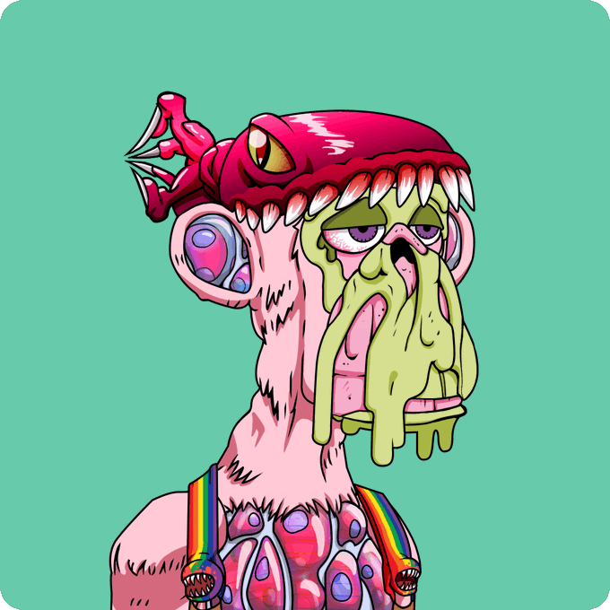 A cartoon character with pink skin, a long nose with dripping green slime, a red hat with teeth and claws, wearing a rainbow-striped harness on a teal background.