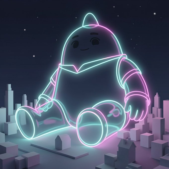 A glowing neon-outlined Sleepagotchi character sits serenely among a miniature cityscape under a starry night sky. The luminous dino-baby embodies the gamified sleep-tracking app's fusion of rest and play, visually capturing how the user's collection and battles became an irresistible digital companion.