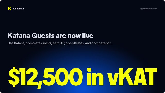 A dark blue promotional banner for Katana reading 'Katana Quests are now live' and advertising '$12,500 in vKAT' as a reward.