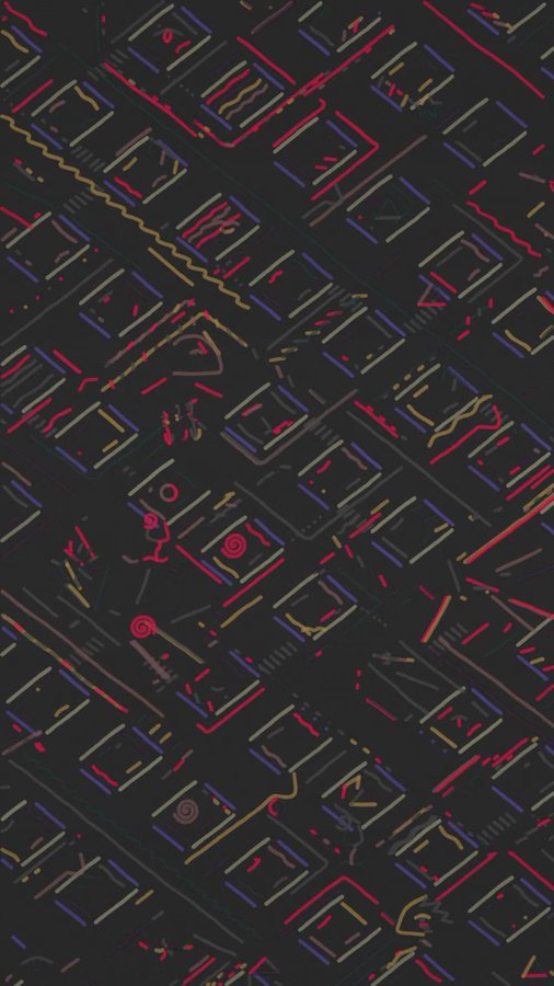 An abstract geometric pattern featuring glowing neon lines in red, blue, yellow, and pink arranged in angular, circuit-like shapes on a dark background.