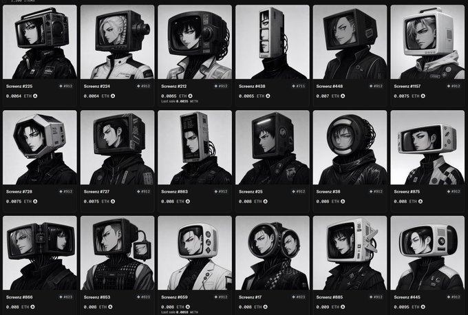 A grid gallery of 18 monochrome NFT portraits featuring characters with TV-headed or hooded designs, each labeled with 'Screenz' followed by a number and an ETH price.