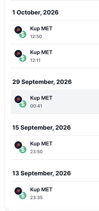 A mobile app transaction history shows multiple "Kup MET" purchases on dates including October 1, September 29, September 15, and September 13, 2026.